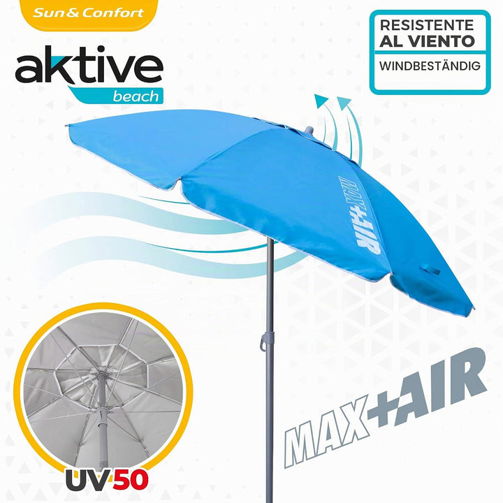 AKTIVE 62239 - Grosser Strandschirm Anti-Wind, Ultra Resistent, Kippstange, Inklusive Aufbewahrungst