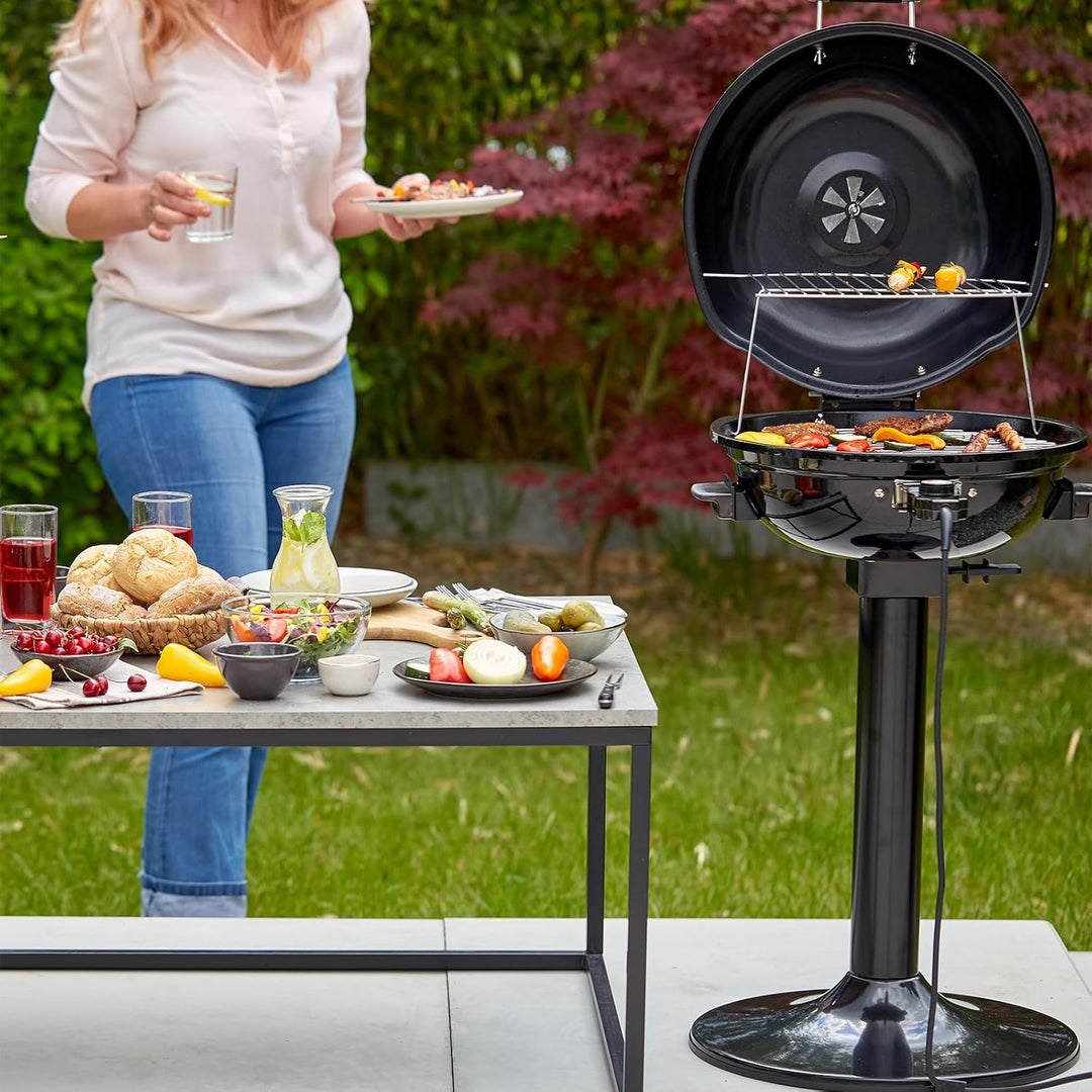 CUSIMAX Elektrogrill Standgrill mit Deckel und Standfuss, Regulierbare Temperatur und Fettauffangsch