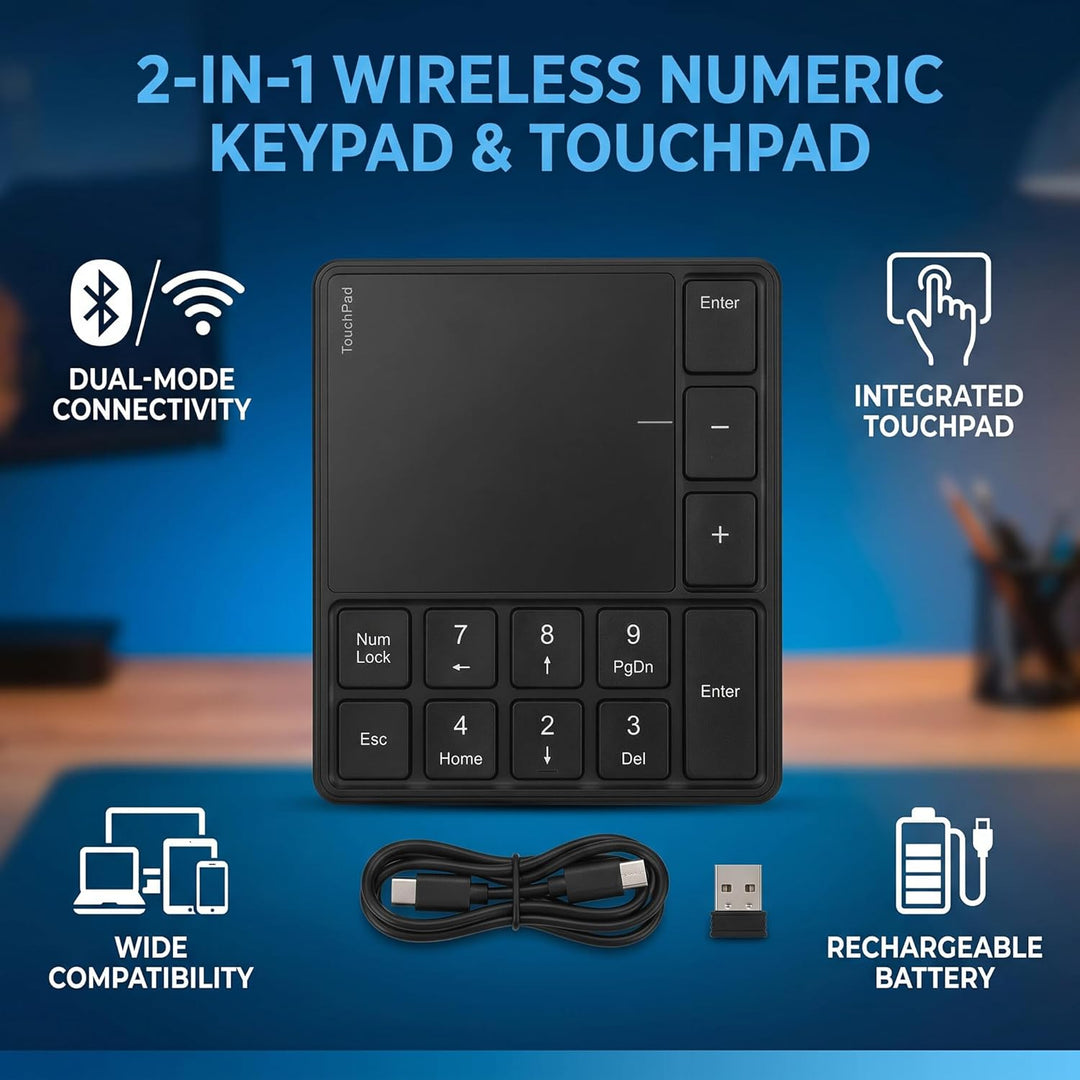 Haofy Numerisches Keypad 21 Tasten mit Touchpad, 500-mAh, Bluetooth & 2,4G, Plug-and-Play für, macOS