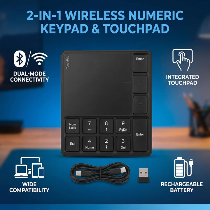 Haofy Numerisches Keypad 21 Tasten mit Touchpad, 500-mAh, Bluetooth & 2,4G, Plug-and-Play für, macOS