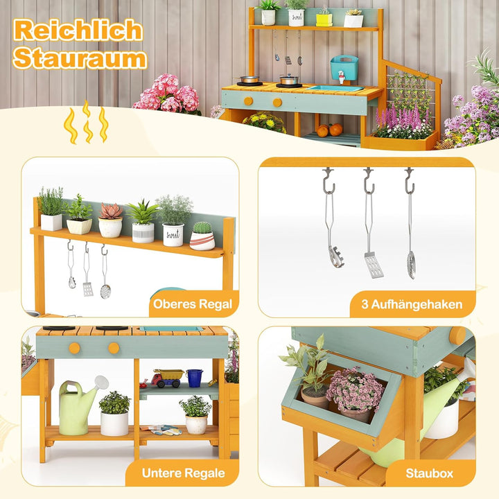 COSTWAY Matschküche Kinder Outdoor, Kinderküche mit Pflanzkasten & Rankgitter, Holzküche mit Wasserf