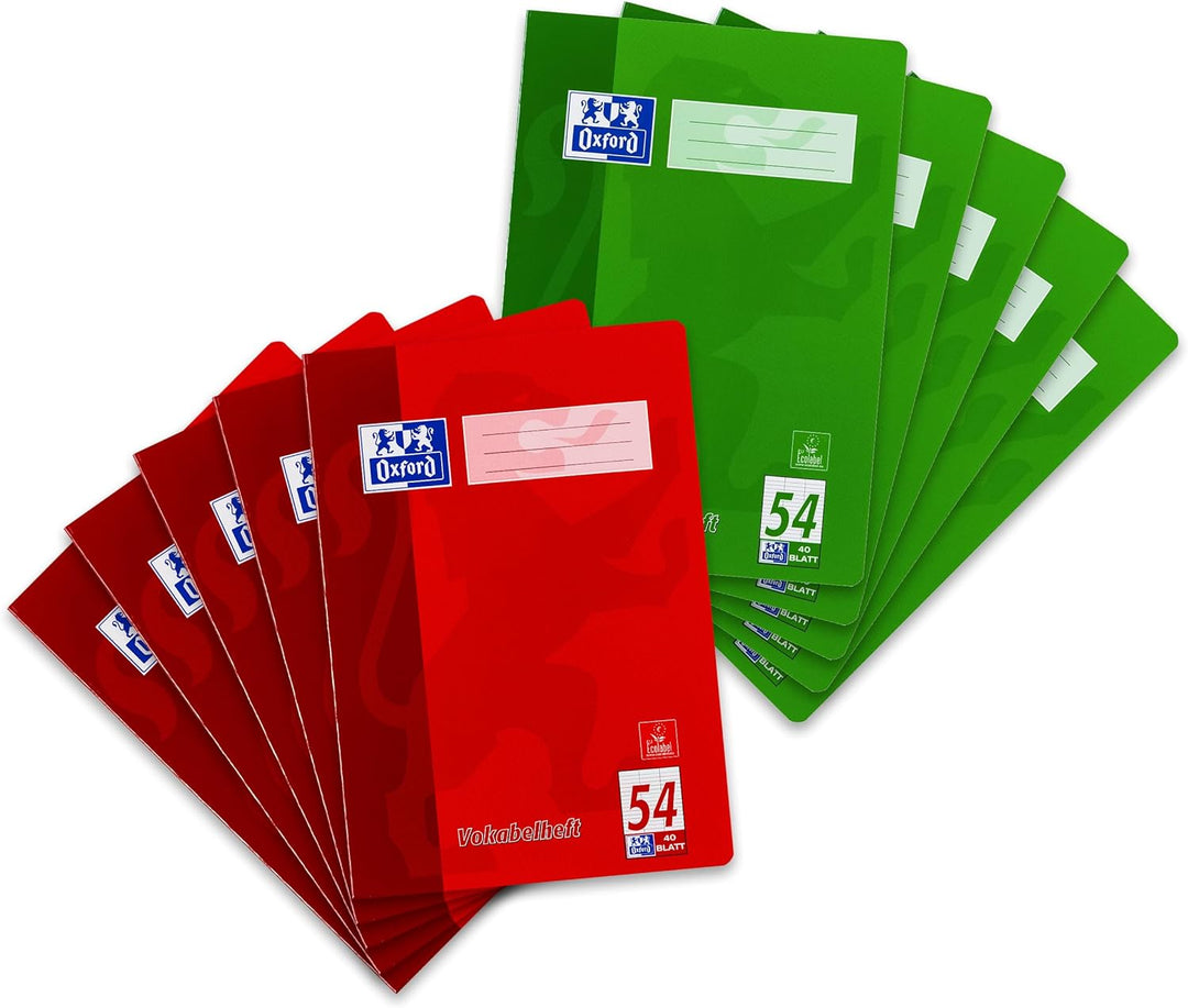 Oxford Vokabelheft, A4, Lin. 54 (3 Spalten), 40 Blatt, rot und grün, 10 Stück