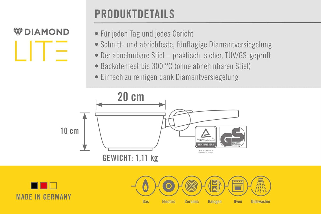 Woll Diamond Lite Stieltopf, Ø 20 cm, 10 cm hoch, 2.5 Liter, mit abnehmbarem Stiel - Geeignet für Ce