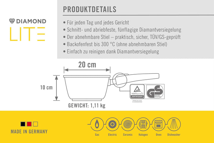 Woll Diamond Lite Stieltopf, Ø 20 cm, 10 cm hoch, 2.5 Liter, mit abnehmbarem Stiel - Geeignet für Ce