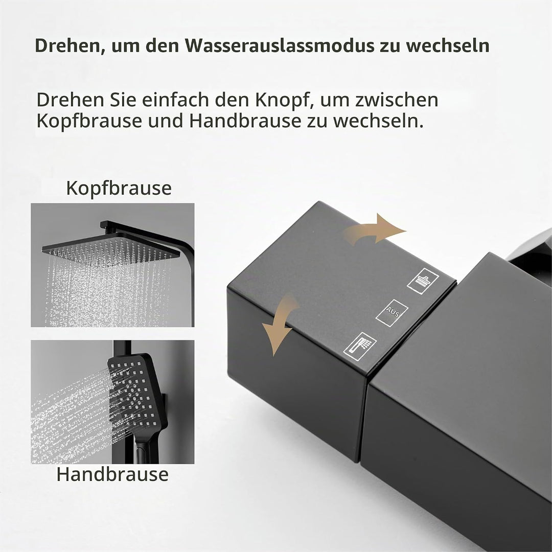 YOOZENA Duscharmatur Komplettset, Duschsystem mit Thermostat, Duscharmatur Schwarz,Kopfbrause, Dusch