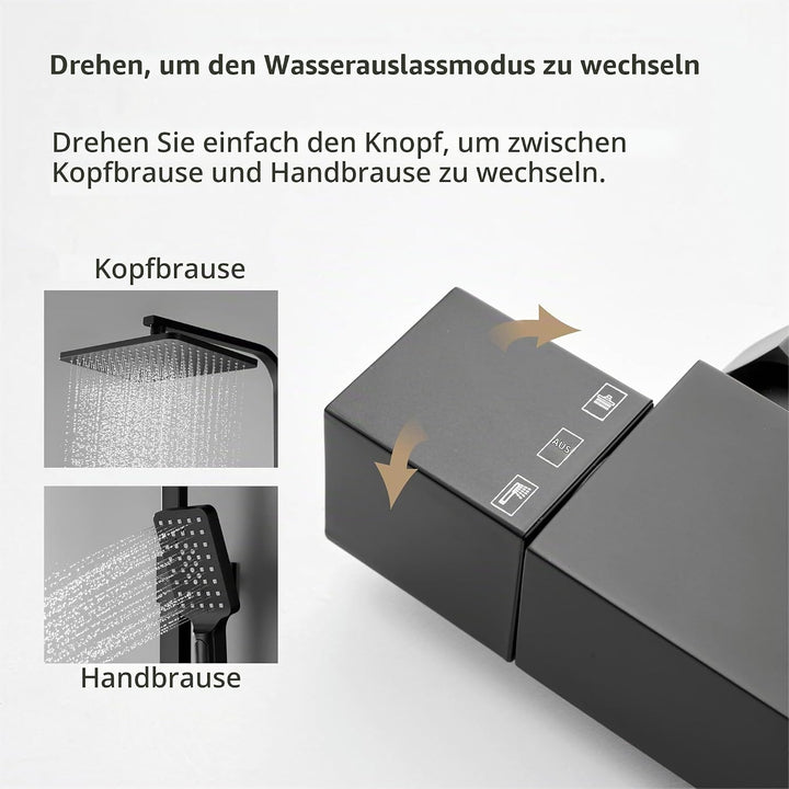 YOOZENA Duscharmatur Komplettset, Duschsystem mit Thermostat, Duscharmatur Schwarz,Kopfbrause, Dusch