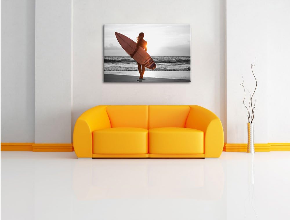 Pixxprint Surferin vor Sonnenuntergang als Leinwandbild/Grösse: 100x70 cm/Wandbild/Kunstdruck/fertig