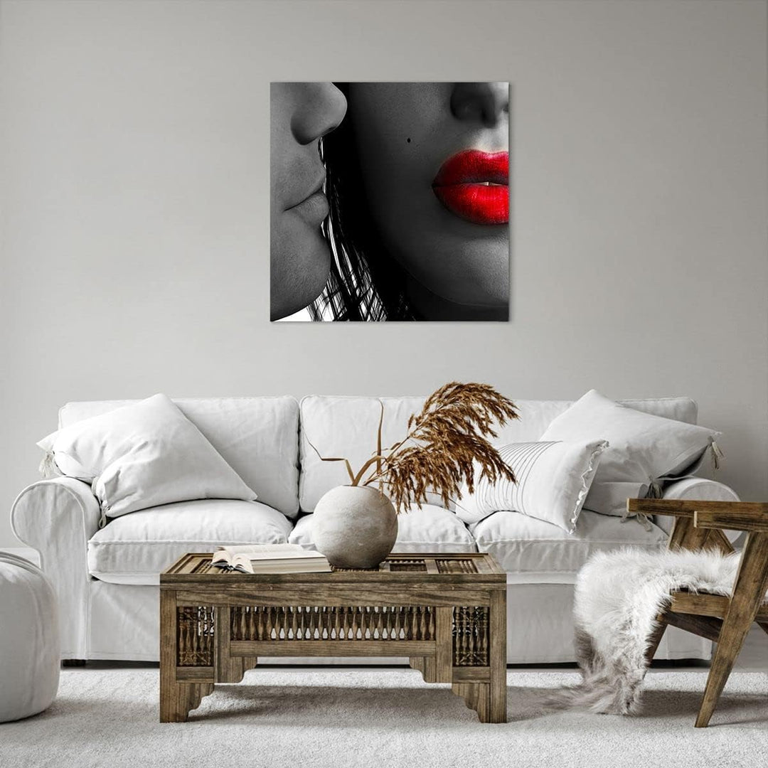 Bilder auf Leinwand Rote Lippen dunkles Haar Modell Liebe Leinwandbild 60x60cm Wandbilder Dekoration