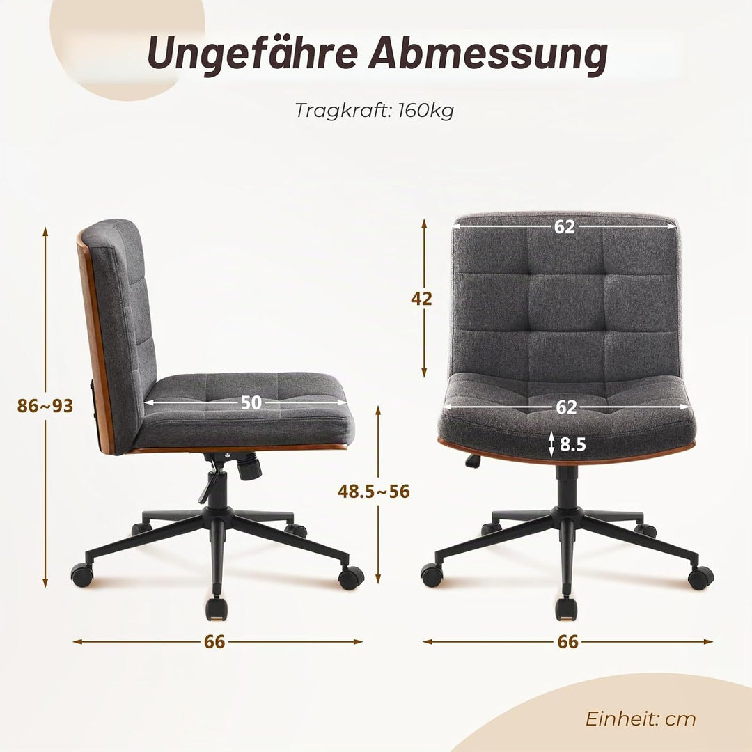 Bürostuhl Braun mit Stabiler Holzstützung, Schreibtischstuhl ohne Armlehne, Drehstuhl Büro mit Rolle