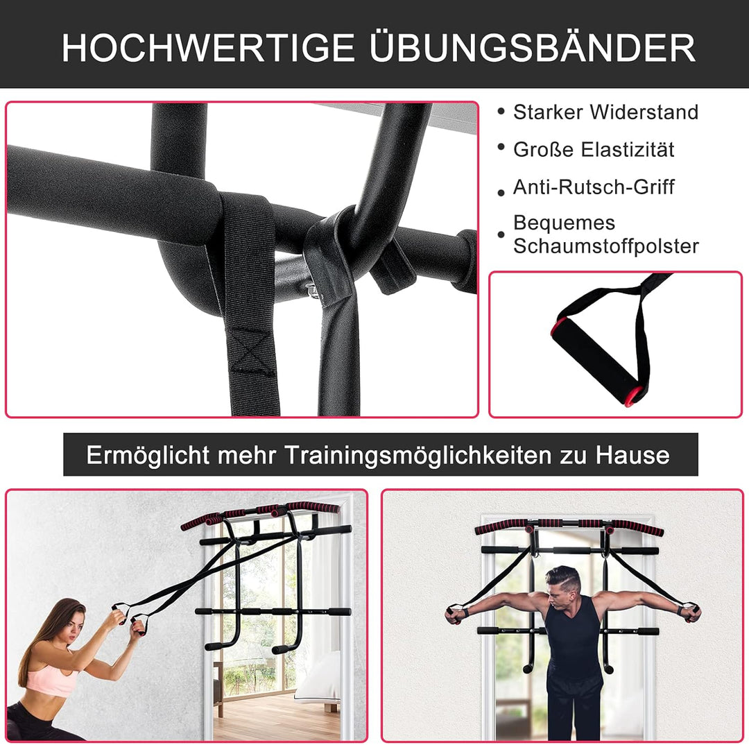 COSTWAY Klimmzugstange für den Türrahmen ohne Bohren, Pull Up Bar mit Reckstange und Zugseil, Dip Ba