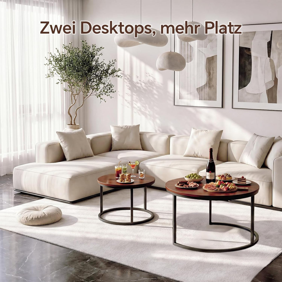 Couchtisch 2er Set, Moderne Couch Tisch mit Schwarz Metallgestell, Couchtisch Eiche, Couchtische Run