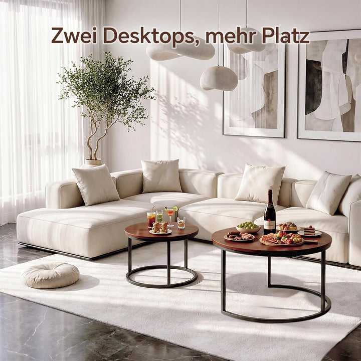 Couchtisch 2er Set, Moderne Couch Tisch mit Schwarz Metallgestell, Couchtisch Eiche, Couchtische Run