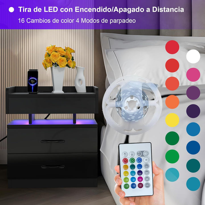 2er Set Nachttisch mit Steckdosen und USB-Anschlüsse, LED Licht 16 Farben Beleuchtung, Schublade und