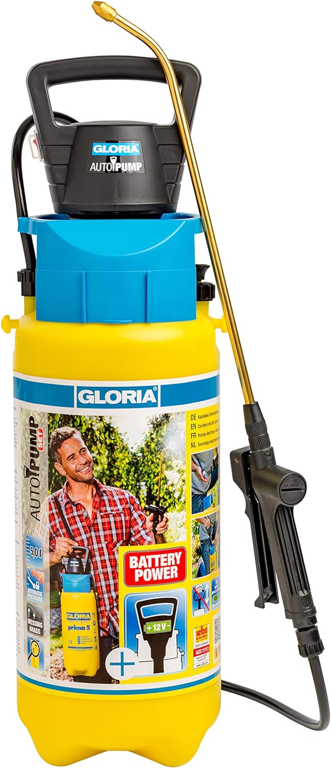 GLORIA Drucksprüher AutoPump Set | Gartenspritze | 5 L Füllinhalt | Sprühgerät mit Batterie-/Akku-Be