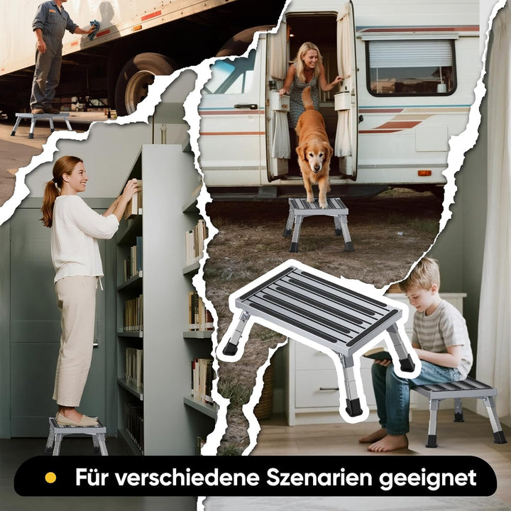 Aluminium Tritthocker Klappbar mit 350 kg Traglast &amp; 4-stufige Höhenverstellung18-24 cm, Klappbar Ru