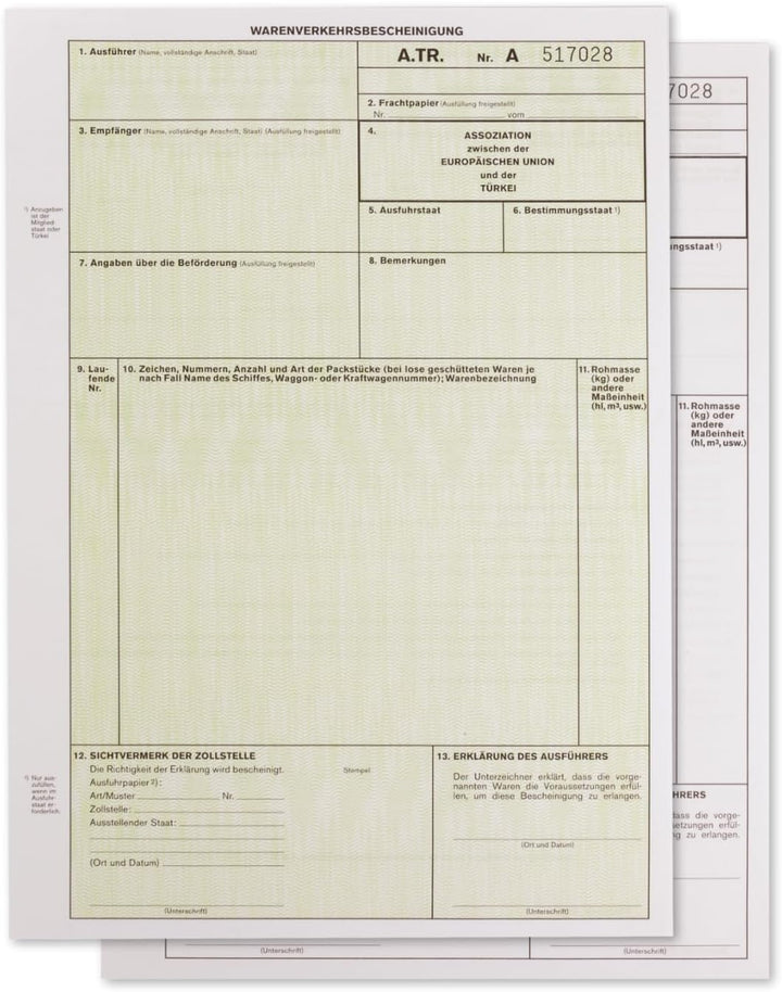 mashpaper A.TR. ATR Warenverkehrsbescheinigung Formular für Laserdrucker Menge wählbar 10, 50 oder 1