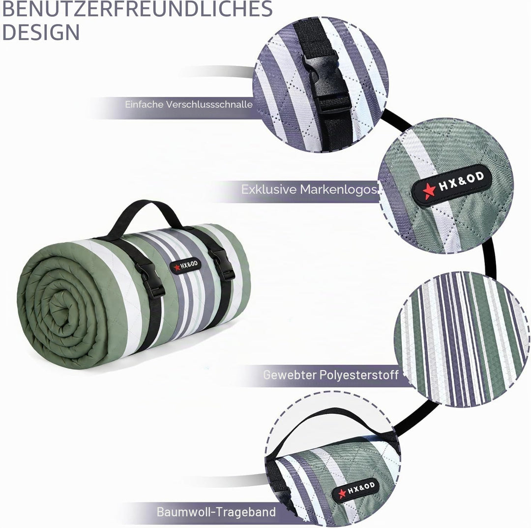 HX&OD Outdoor-Picknickdecke, extra gross, 203 x 152 cm, wasserdichte Picknickmatte mit Heringen, fal