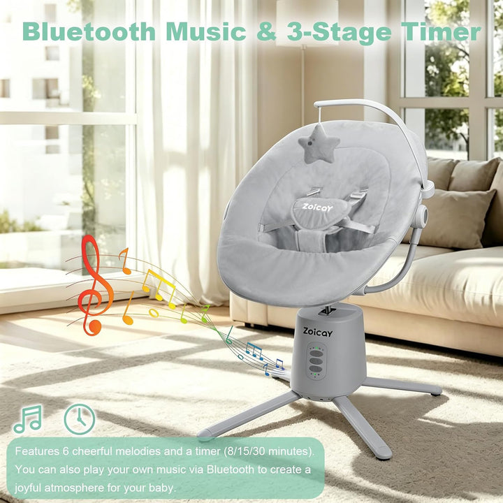 Babywippe Elektrisch mit 3 Modus 5 Tempo für Neugeborenes 0-9 Monate (Grau) | Babywippe 5-Punkt-Gurt