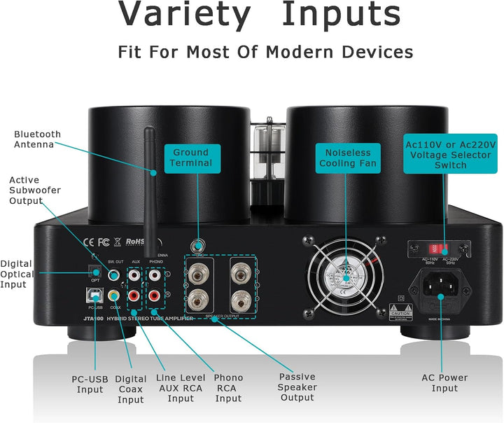 Juson Audio JTA100 200W Vakuum röhrenverstärker Integrierter Hybrid Mit BT 5.0 Optisch AUX RCA Phono