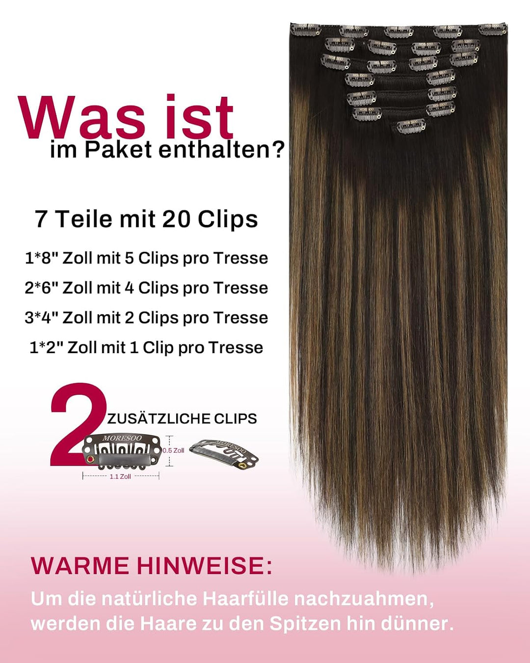 Moresoo Clip in Extensions Echthaar Balayage Braun Haarverlängerung Echthaar Clip Extensions Echthaa