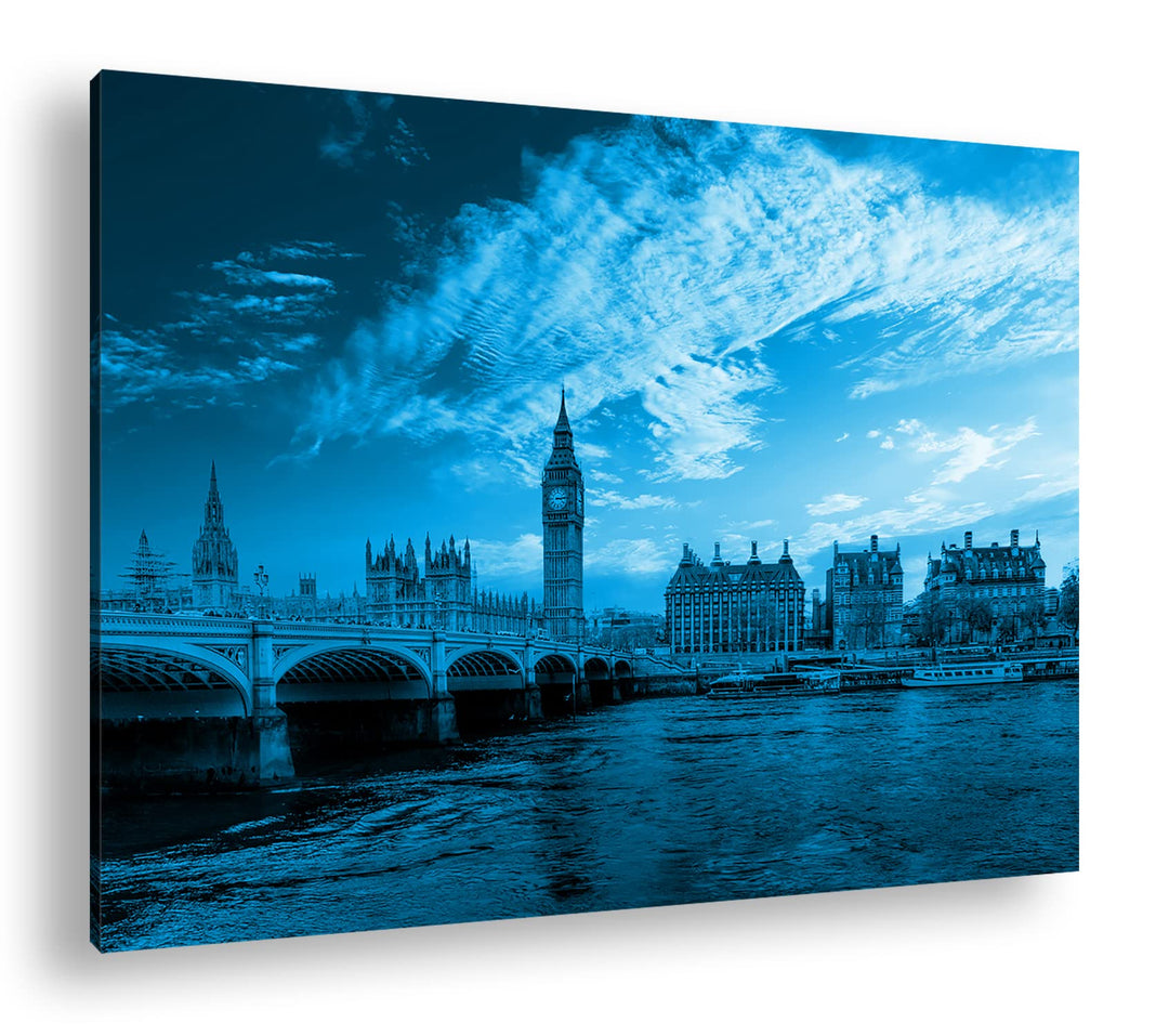 deyoli Skyline London Format: 80x60 Effekt: Monocrome Blau als Leinwandbild, Motiv fertig gerahmt au
