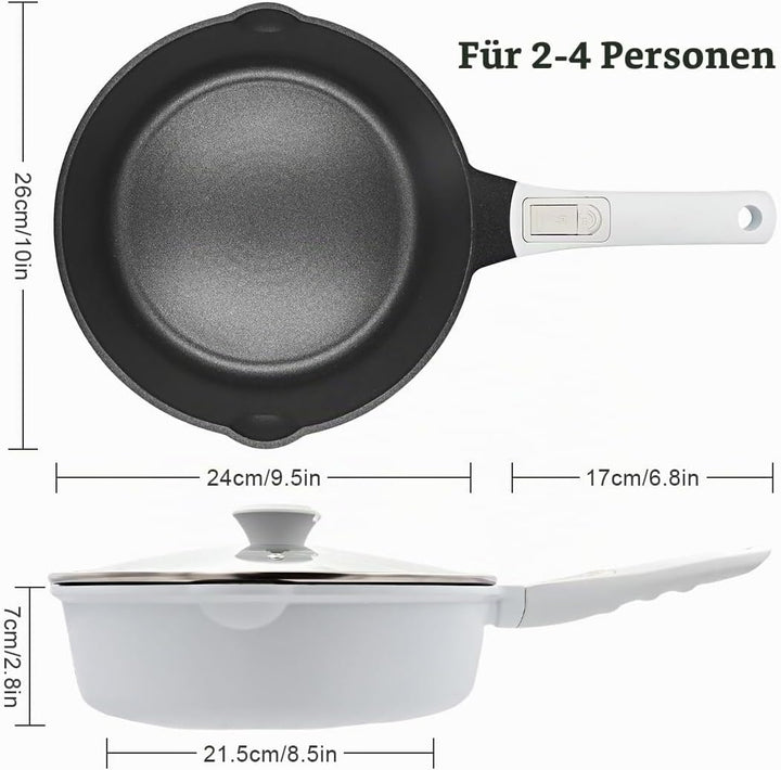 Pfanne 24cm mit Deckel, Aluminium Bratpfanne Hoher Rand mit Abnehmbarer Griff, Schmorpfanne 24 cm fü