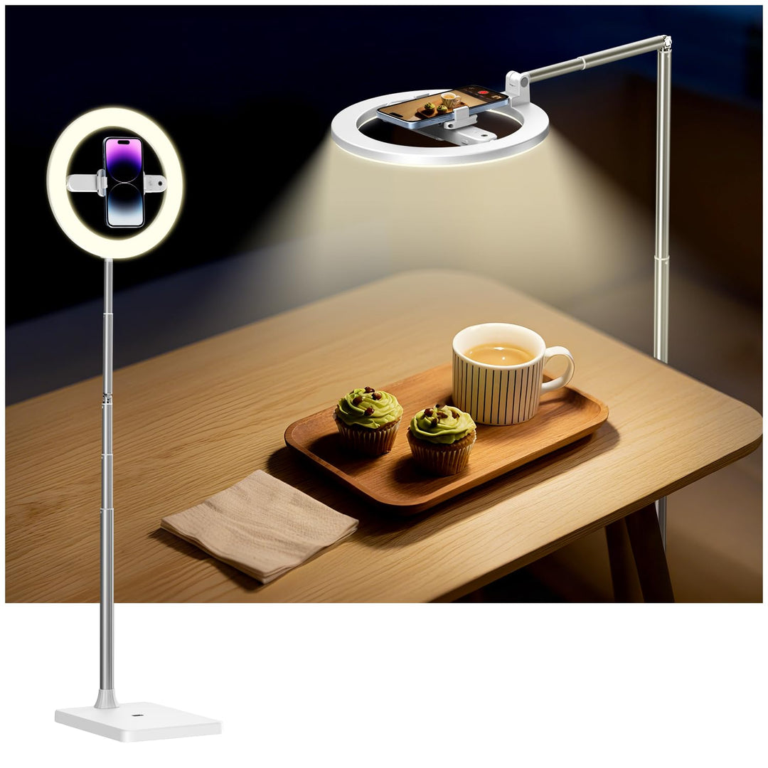 yAyusi 174cm Wiederaufladbar Ringlicht mit Stativ Handy, 360°-Drehung Faltbar Overhead Stativ Handy