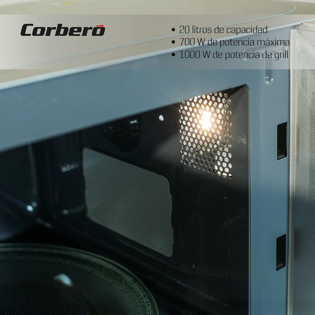 Corberó CMICM6020GX Mikrowelle | 700 W Leistung | Gratinieren und Grillen | Schnelles Auftauen | 9 L
