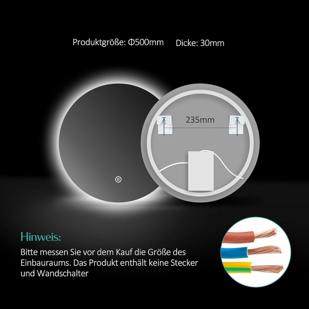 EMKE Badspiegel mit Beleuchtung Rund 50cm Rund LED Badspiegel mit Touch-Schalter, Dimmbar, 6500K, 3