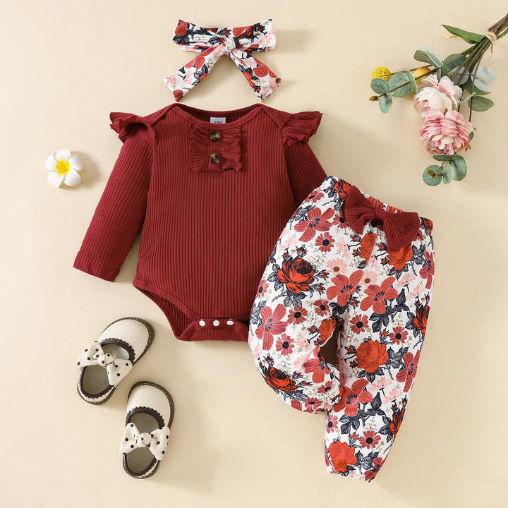 Neugeborenes Baby Mädchen Kleidung Kleinkind Gerippt Ruffle Lange Ärmel Strampler+ Floral Hosen+ Sti