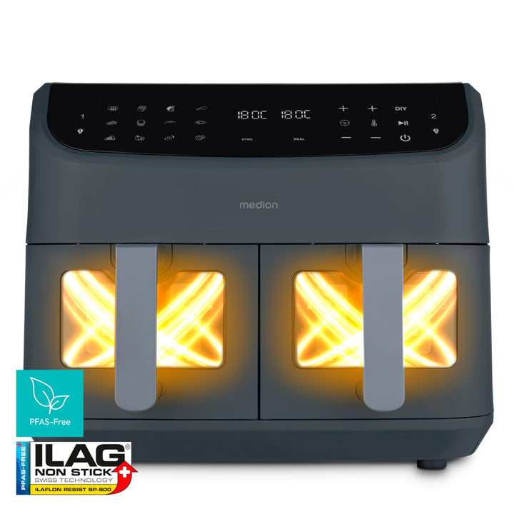 MEDION P20 XXL Heissluftfritteuse mit 2 Kammern (8,7 Liter, Airfryer, 2.600 Watt, Doppelkammer, 10 A