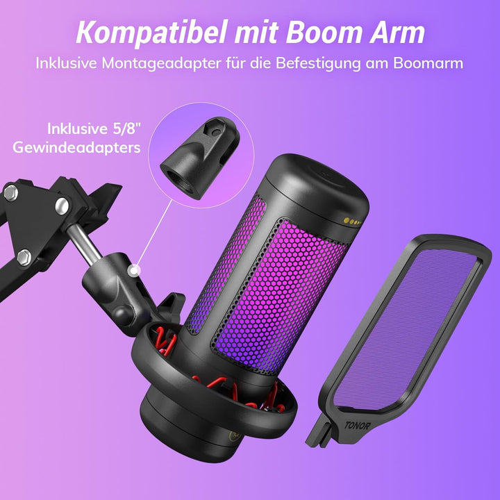 TONOR Gaming Mikrofon PC mit RGB-Modi & Helligkeit einstellbar, USB/Type-C Microphone für Streaming