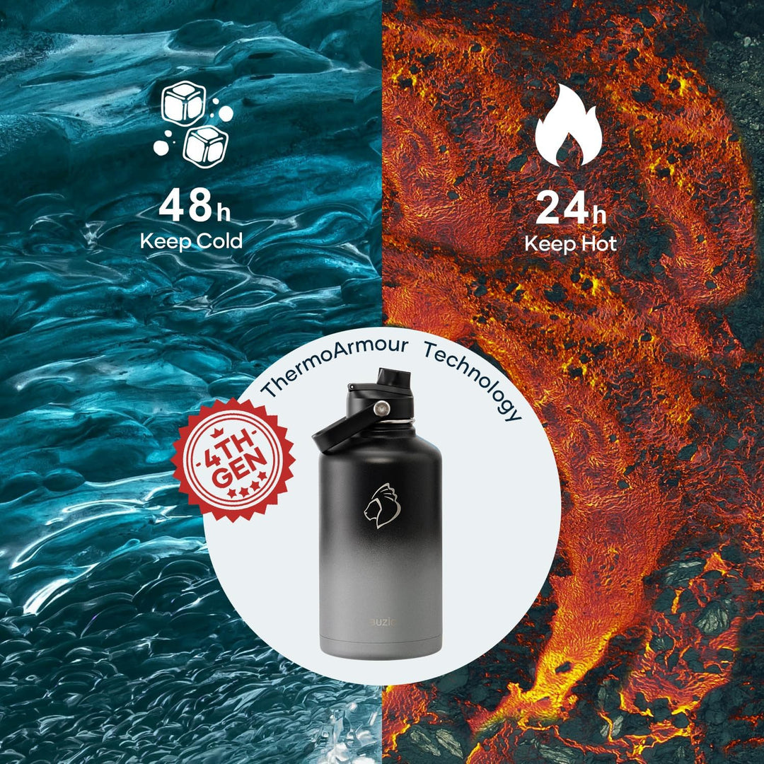 BUZIO 2L Edelstahl Trinkflasche isoliert mit Strohhalm &amp; Ausgussdeckel | Grosse Wasser-Thermoflasche