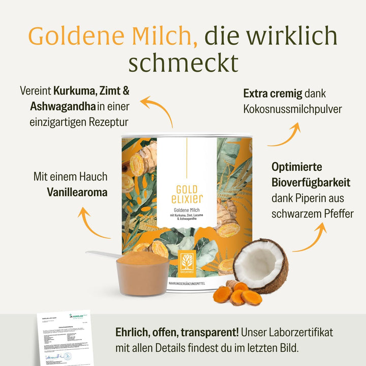 NATURTREU® Goldelixier Goldene Milch Pulver - zur Zubereitung von Kurkuma Latte - enthält 300 g Pulv