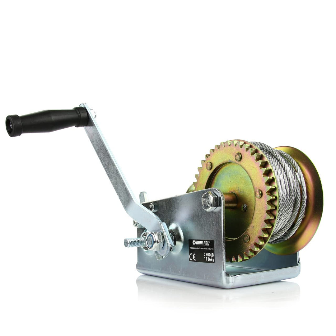 Seilwinde mit Handkurbel, 1136 kg, 2500 lbs, Stahlseil 10 m, 2 Gänge, Haken zum Verschliessen | Sich