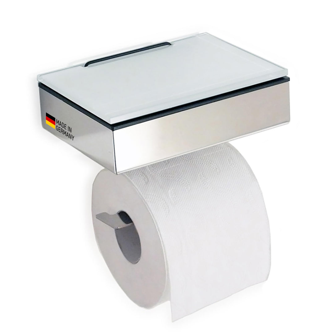 Toilettenpapierhalter mit Feuchttücherbox - Gehäuse Poliert & Abdeckung Glas Weiss - befüllbar von L