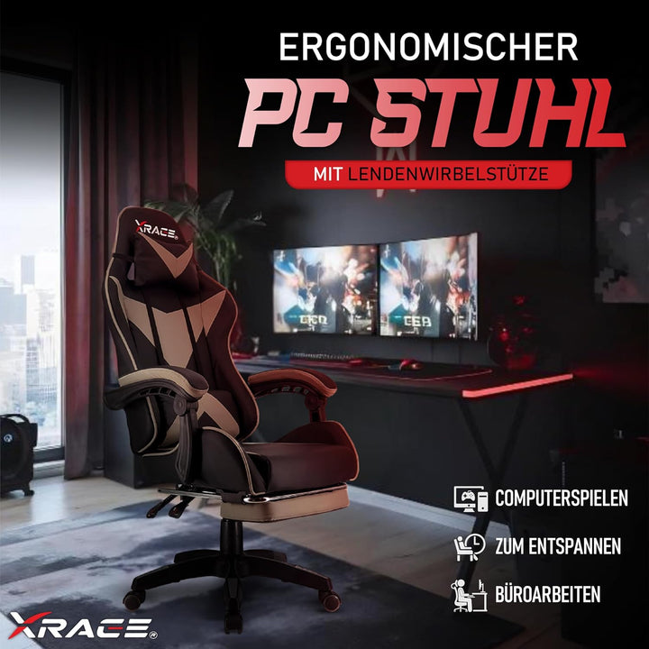 xRace Gaming-Stuhl Hoher Drehstuhl aus Leder mit Lendenwirbelstütze, Kopfstütze und Fussstütze, vers