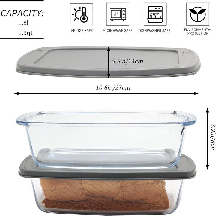 2er-Pack 1,8 l Glas Brotbackform mit Deckel – Brotform zum Backen von Brot, ofen-, spülmaschinen-, k