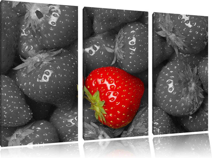 Leckere Knallrote Erdbeere schwarz/weiss 3-Teiler Leinwandbild 120x80 Bild auf Leinwand, XXL riesige