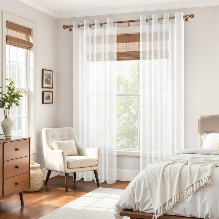 MRTREES Gardinen Wohnzimmer Kurz mit Ösen, Vorhang Transparent Weiss 2er Set, 100 cm Lang 140 cm Bre