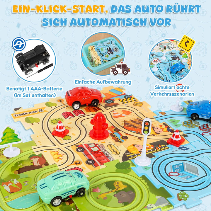 6 Autorennbahn-Sets für Kinder, DIY Rennbahn Puzzle mit 6 Rennauto, Flexible Car Track Spielzeugauto
