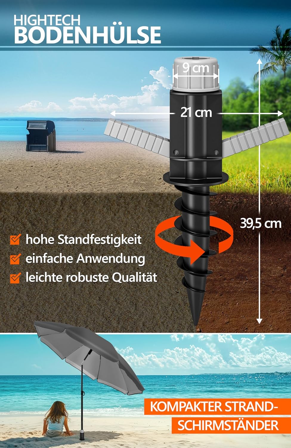 4smile Sonnenschirm Strand SunnyJoy Ø 160 cm, 3er Set - Strandschirm mit UV Schutz 50+, inkl. Sonnen