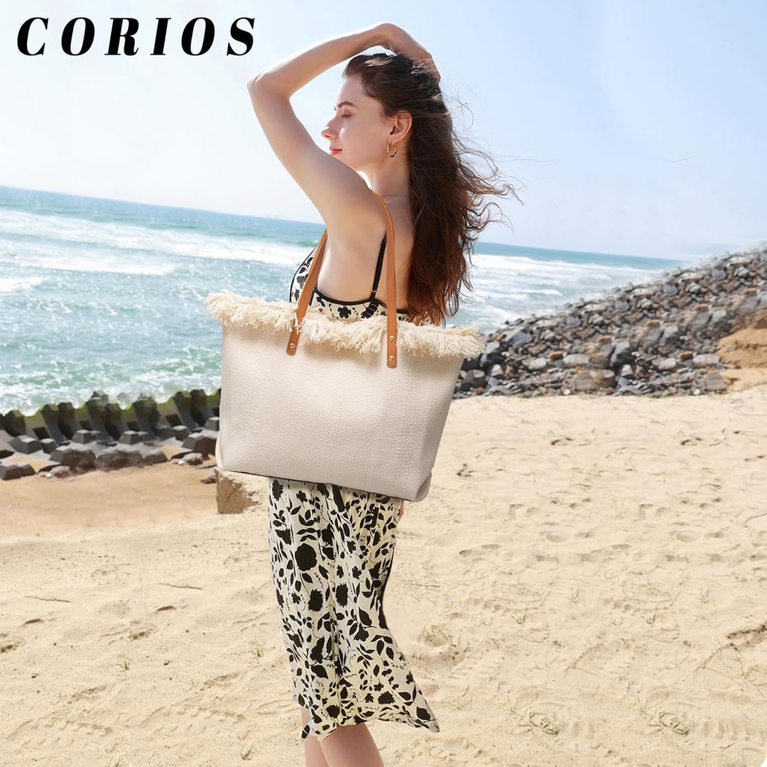 CORIOS Damen Canvas Handtasche Sommer Strand Tasche Grosse Schultertasche Böhmische Tote Beutel Bunt