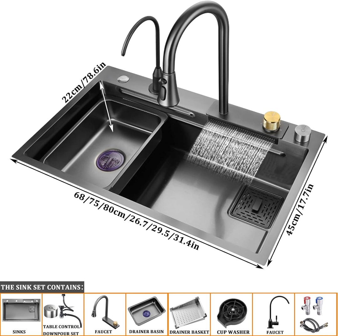 Schwarze Nano Single Bowl Küchenspüle 304 Edelstahl Wasserfall Bar Spüle Mehrzweck Handgefertigte Sp