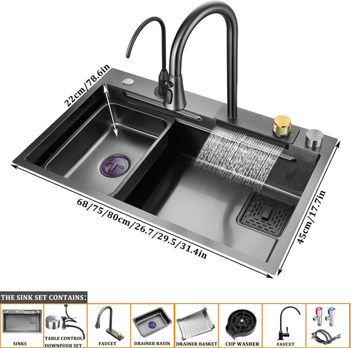 Schwarze Nano Single Bowl Küchenspüle 304 Edelstahl Wasserfall Bar Spüle Mehrzweck Handgefertigte Sp
