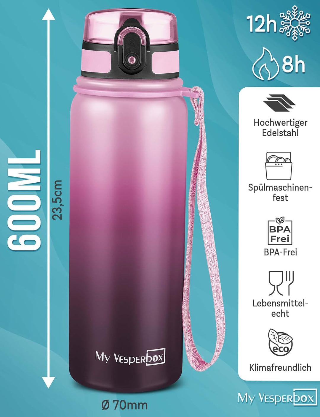 MY VESPERBOX® Edelstahl Thermosflasche Kinder [INK. STROHHALM & SIEB] - Isolierflasche für Jungen &