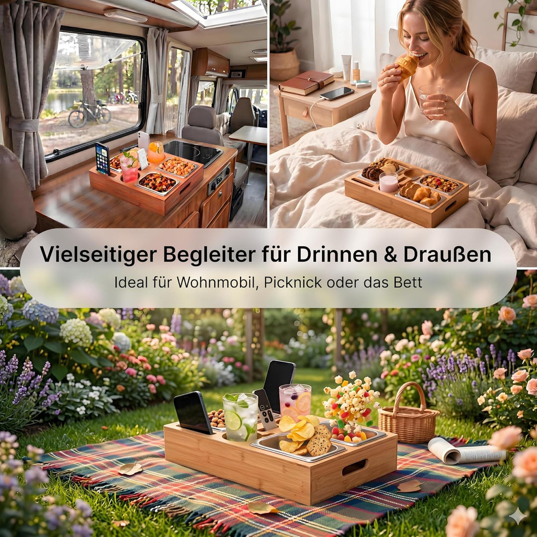 Couchbar Snackbox – Originelle Geschenkidee für Männer & Frauen – Sofa Tablett mit 3 Edelstahl Snack