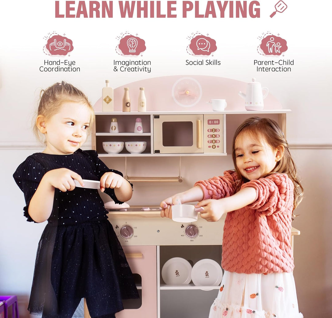 ROBUD Spielküche für Kinder Kleinkinder, Spielküche aus Holz mit realistischem Zubehör, Spielzeugküc