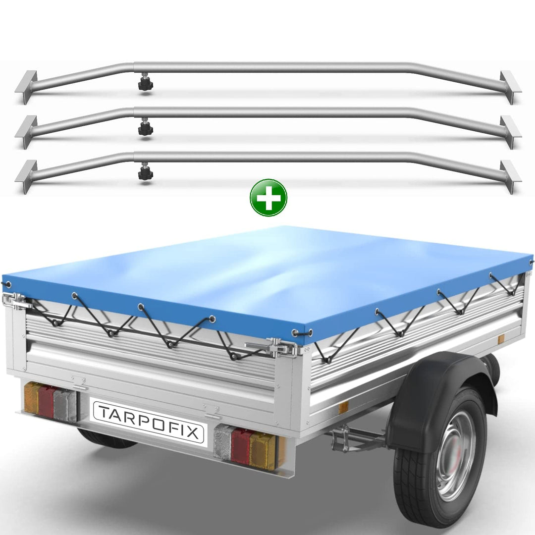 Tarpofix® Anhängerplane Flachplane 257,5 x 134,5 cm + 3X Planenbügel (verstellbar 100-145 cm) - rand