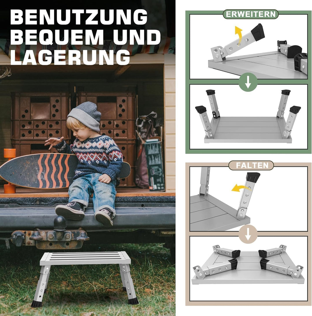 Aluminium Klapptritt, Klappbar, Höhenverstellbar, rutschfest, Leicht Grau, Grau
